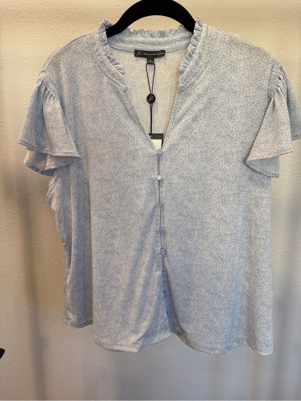 Adrianna Papell Printed Knit Ruffle Light Blue Floral-Print Button Front Top